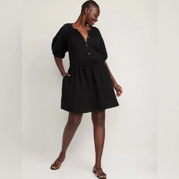 NWT! Black Waist-Defined Puff-Sleeve Mini Poet Dress - Size XL Tall - Picture 5 of 8